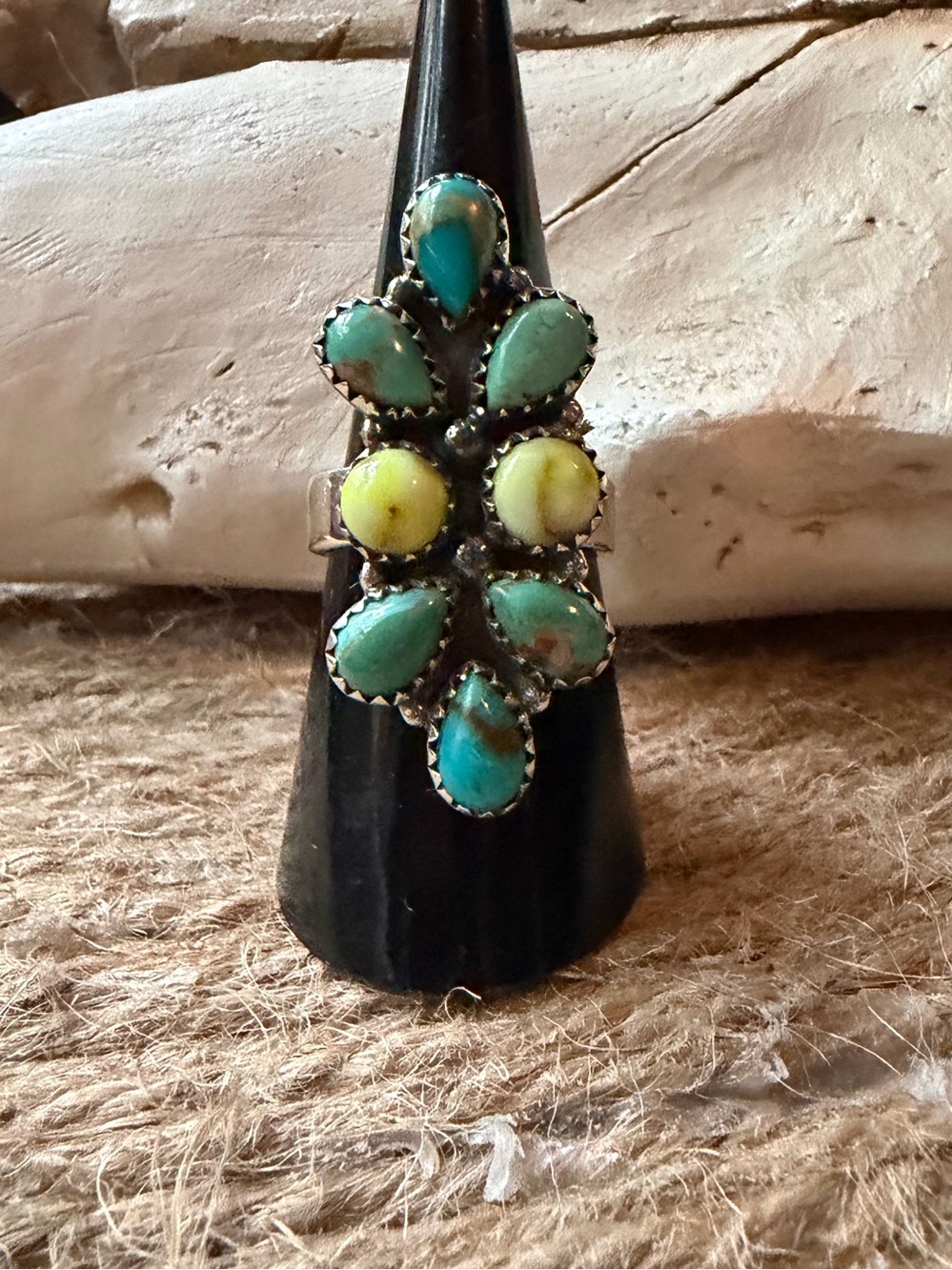 Turquoise and Palomino Stone Flower Sterling Silver Ring - Stamped 925
